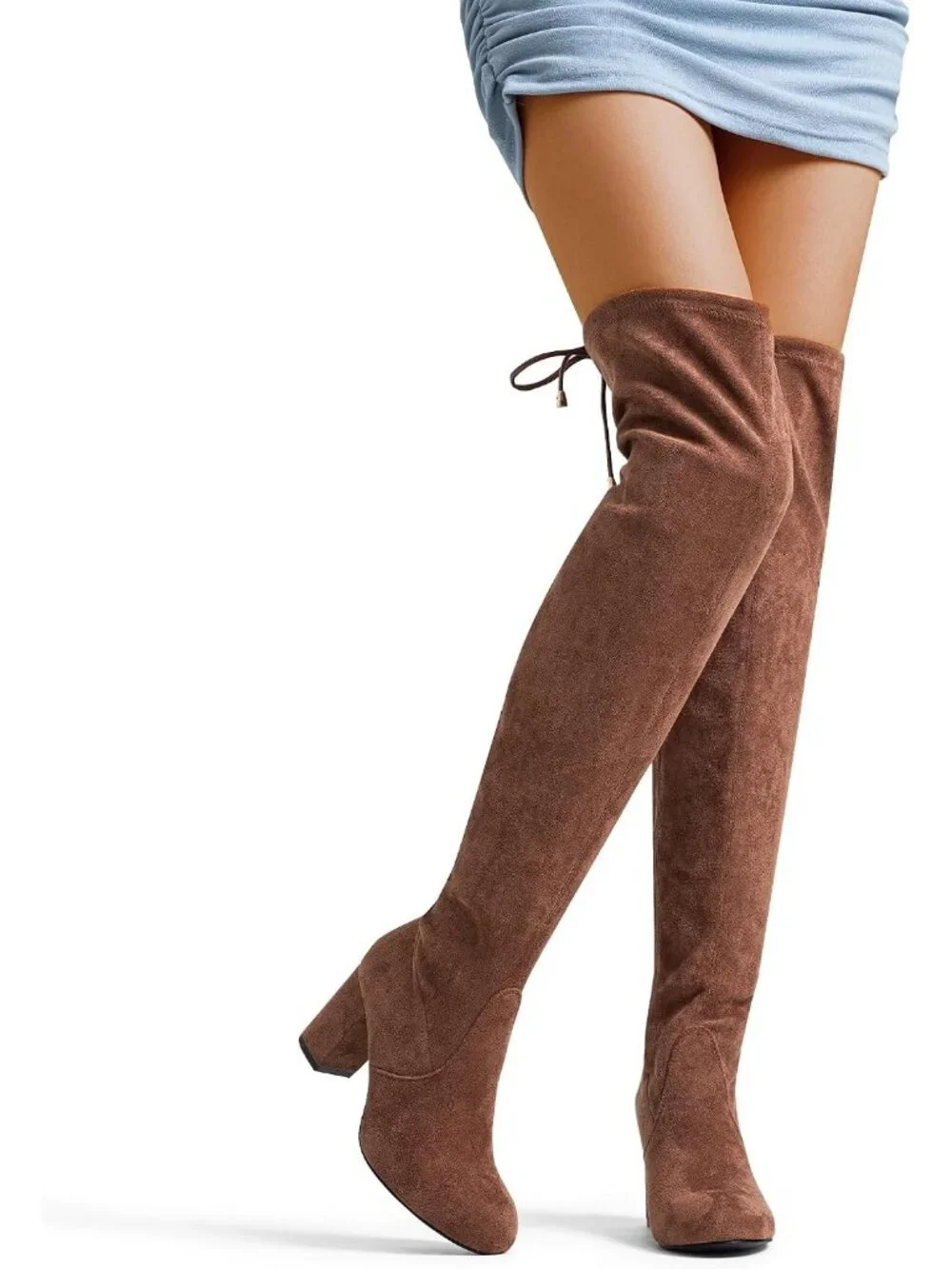 Women's Mocha Brown Suede Closed Round Toe Block Heel Over The Knee High Boots